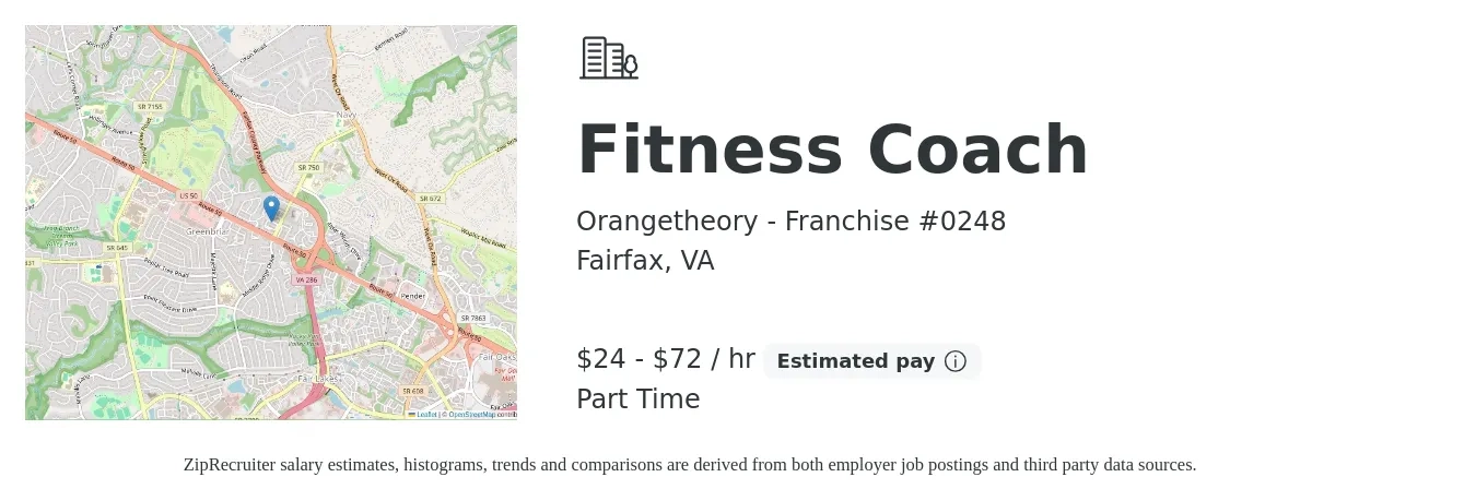 Orangetheory - Franchise #0248 job posting for a Fitness Coach in Fairfax, VA with a salary of $25 to $75 Hourly with a map of Fairfax location.