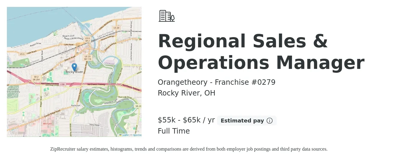 Orangetheory - Franchise #0279 job posting for a Regional Sales & Operations Manager in Rocky River, OH with a salary of $55,000 to $65,000 Yearly with a map of Rocky River location.