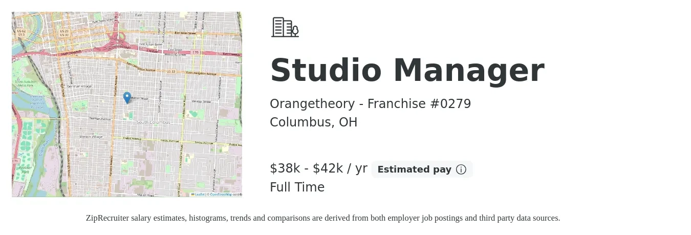 Orangetheory - Franchise #0279 job posting for a Studio Manager in Columbus, OH with a salary of $38,000 to $42,000 Yearly with a map of Columbus location.