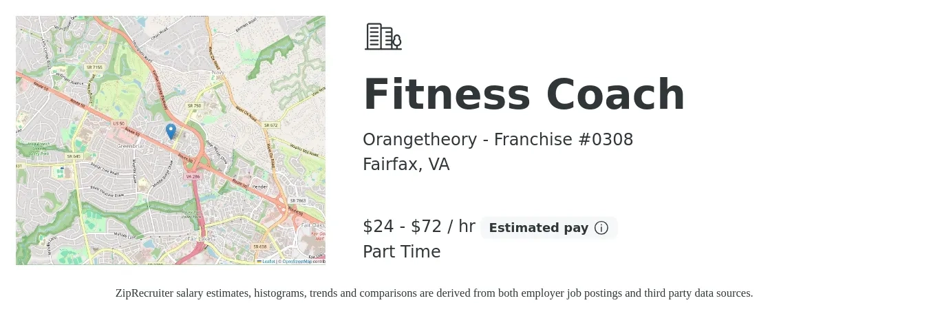 Orangetheory - Franchise #0308 job posting for a Fitness Coach in Fairfax, VA with a salary of $25 to $75 Hourly with a map of Fairfax location.