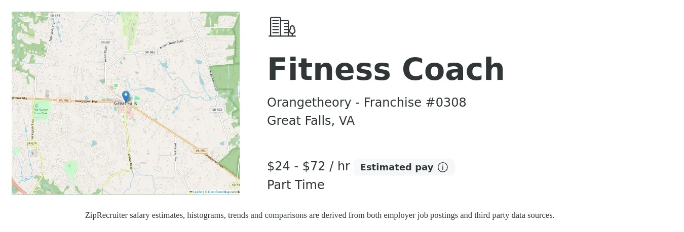 Orangetheory - Franchise #0308 job posting for a Fitness Coach in Great Falls, VA with a salary of $25 to $75 Hourly with a map of Great Falls location.