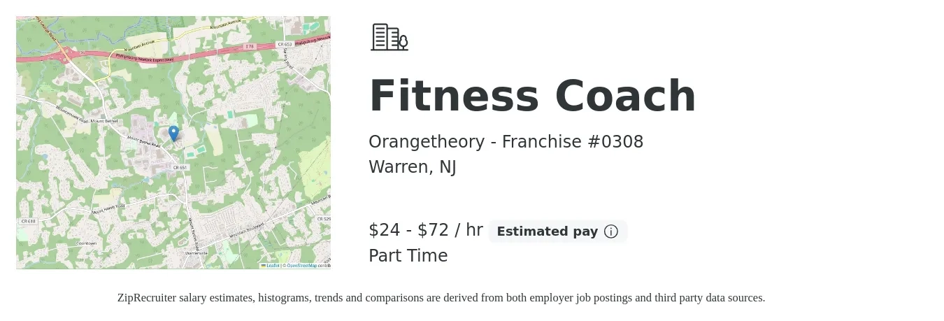 Orangetheory - Franchise #0308 job posting for a Fitness Coach in Warren, NJ with a salary of $25 to $75 Hourly with a map of Warren location.