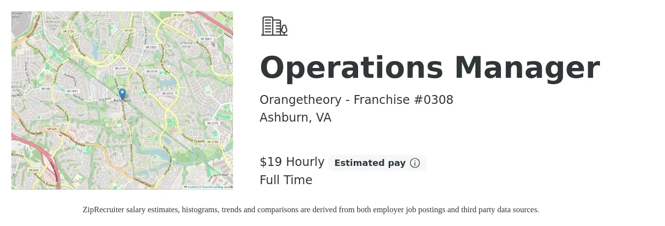 Orangetheory - Franchise #0308 job posting for a Operations Manager in Ashburn, VA with a salary of $20 Hourly with a map of Ashburn location.