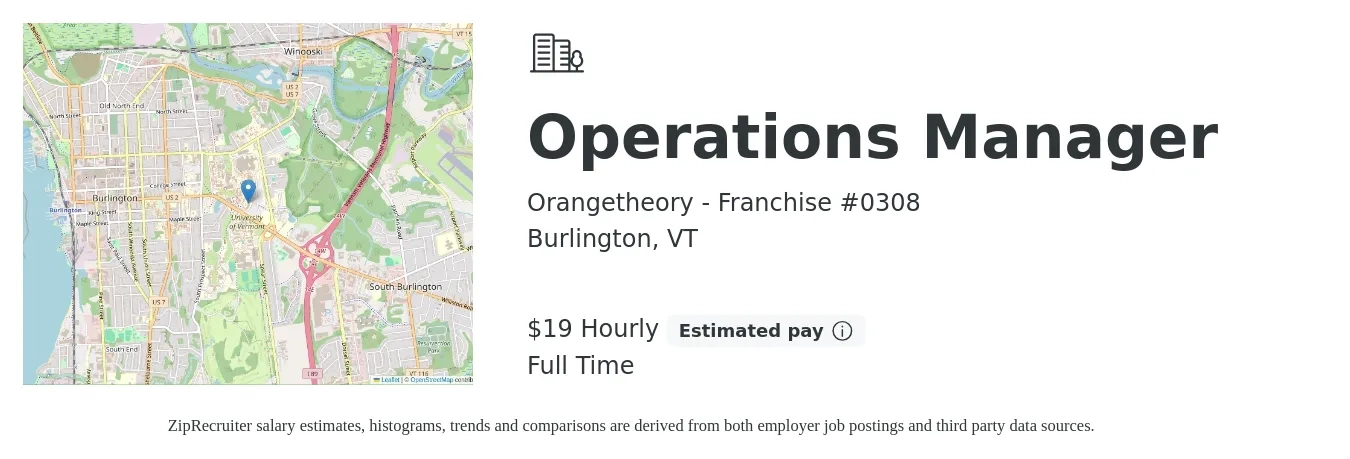 Orangetheory - Franchise #0308 job posting for a Operations Manager in Burlington, VT with a salary of $20 Hourly with a map of Burlington location.