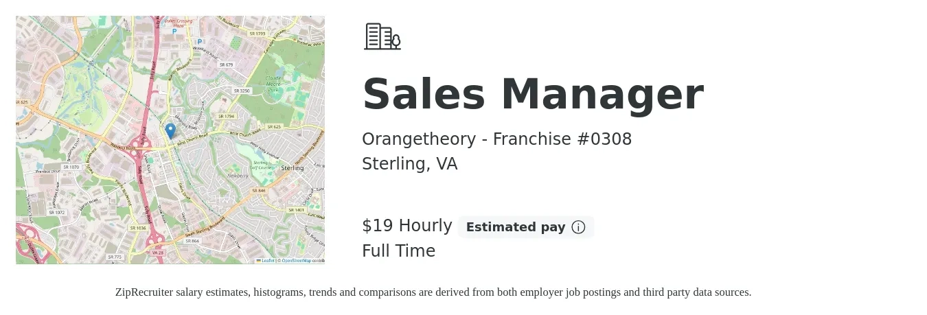 Orangetheory - Franchise #0308 job posting for a Sales Manager in Sterling, VA with a salary of $20 Hourly with a map of Sterling location.