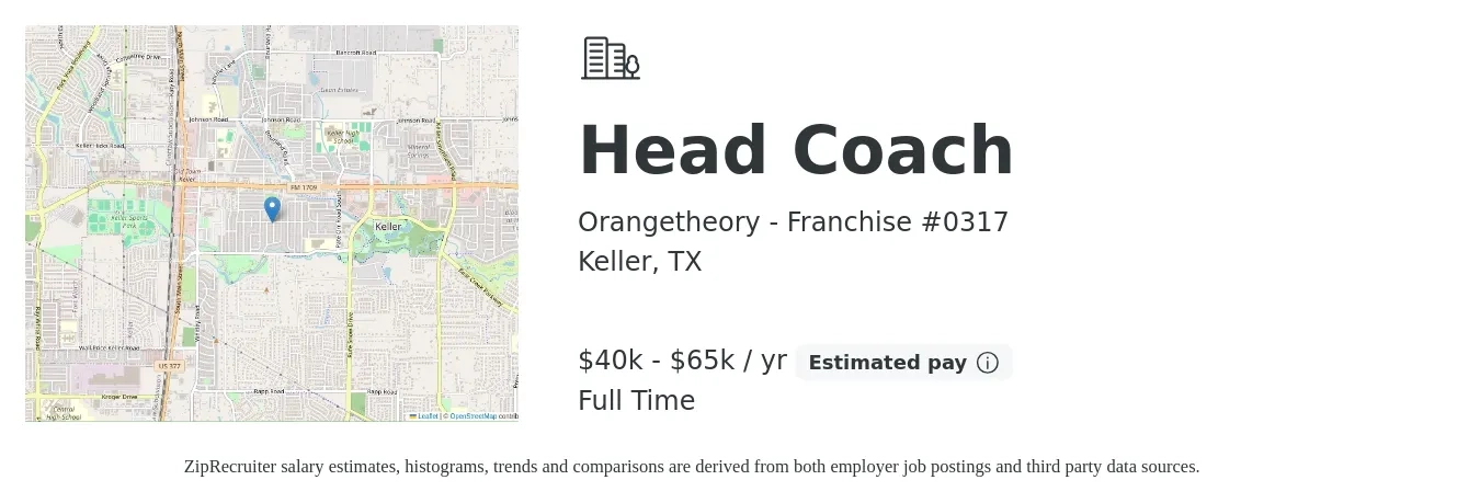 Orangetheory - Franchise #0317 job posting for a Head Coach in Keller, TX with a salary of $40,000 to $65,000 Yearly with a map of Keller location.