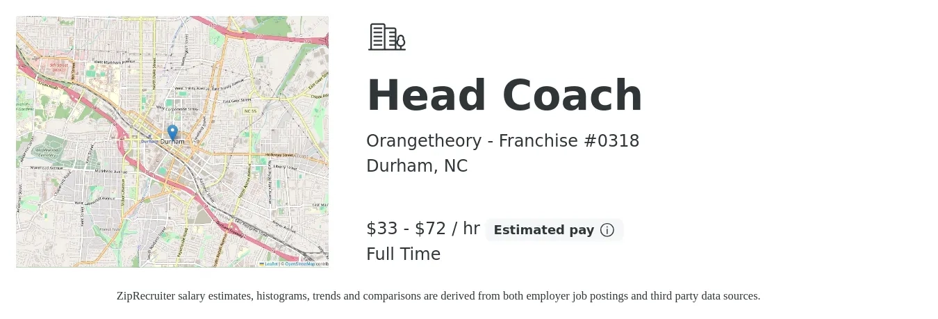 Orangetheory - Franchise #0318 job posting for a Head Coach in Durham, NC with a salary of $35 to $75 Hourly with a map of Durham location.