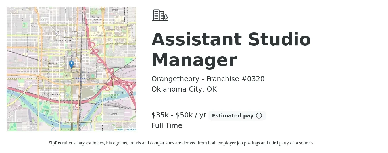 Orangetheory - Franchise #0320 job posting for a Assistant Studio Manager in Oklahoma City, OK with a salary of $35,568 to $50,000 Yearly with a map of Oklahoma City location.