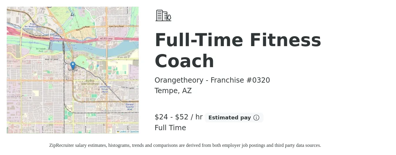 Orangetheory - Franchise #0320 job posting for a Full-Time Fitness Coach in Tempe, AZ with a salary of $25 to $55 Hourly with a map of Tempe location.