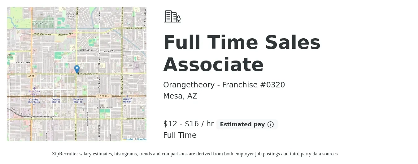 Orangetheory - Franchise #0320 job posting for a Full Time Sales Associate in Mesa, AZ with a salary of $14 to $18 Hourly with a map of Mesa location.
