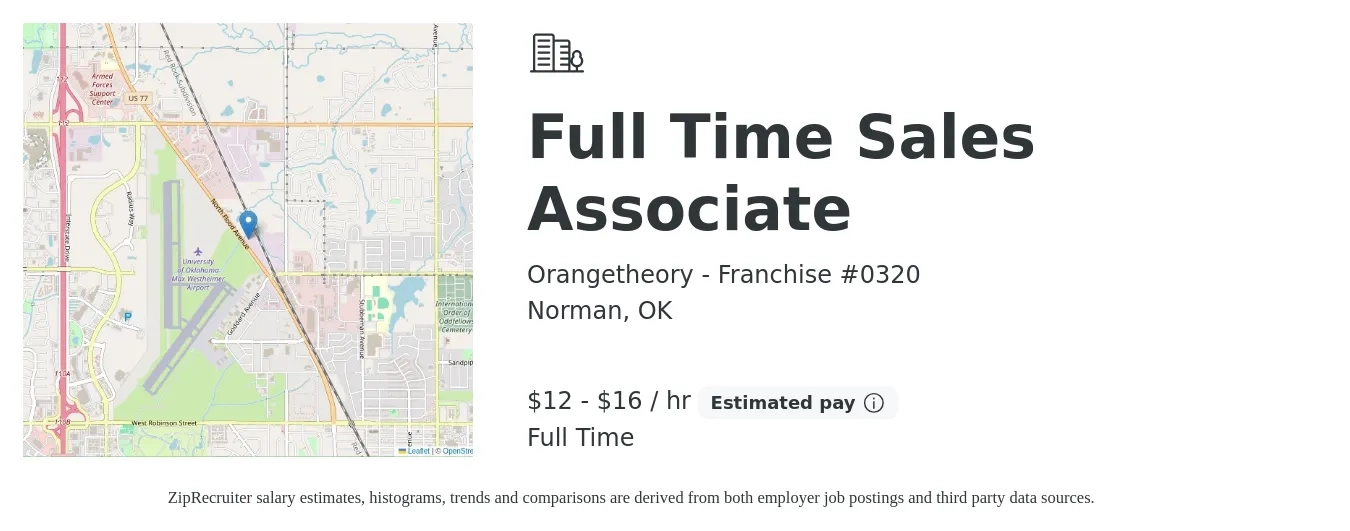 Orangetheory - Franchise #0320 job posting for a Full Time Sales Associate in Norman, OK with a salary of $13 to $17 Hourly with a map of Norman location.