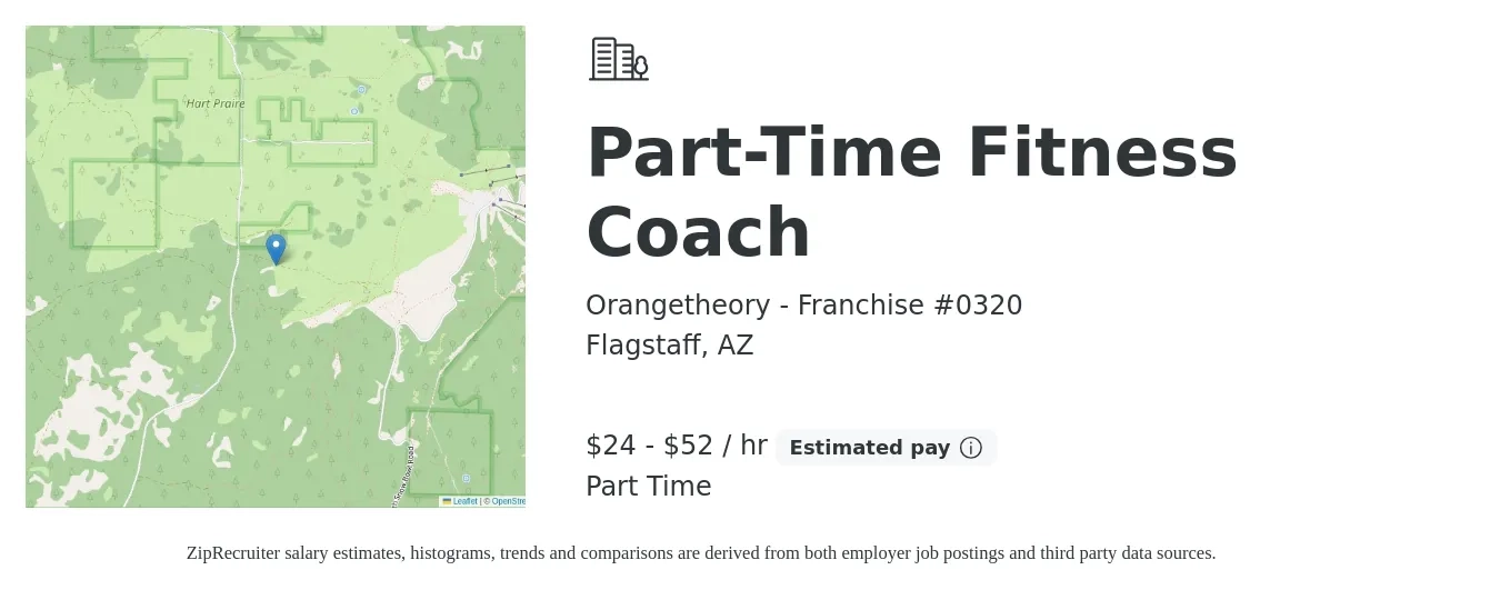 Orangetheory - Franchise #0320 job posting for a Part-Time Fitness Coach in Flagstaff, AZ with a salary of $25 to $55 Hourly with a map of Flagstaff location.