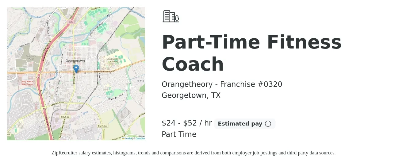 Orangetheory - Franchise #0320 job posting for a Part-Time Fitness Coach in Georgetown, TX with a salary of $25 to $55 Hourly with a map of Georgetown location.