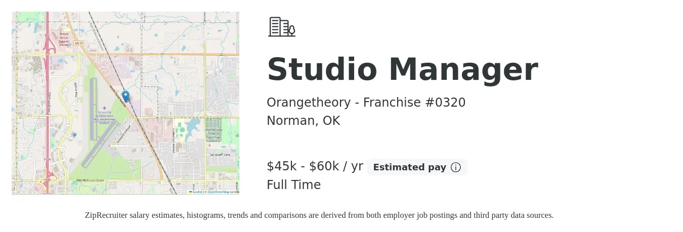 Orangetheory - Franchise #0320 job posting for a Studio Manager in Norman, OK with a salary of $45,000 to $60,000 Yearly with a map of Norman location.