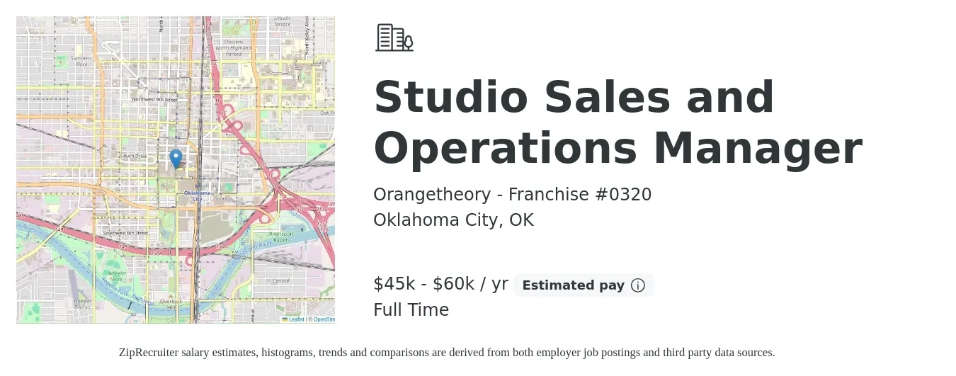Orangetheory - Franchise #0320 job posting for a Studio Sales and Operations Manager in Oklahoma City, OK with a salary of $45,000 to $60,000 Yearly with a map of Oklahoma City location.