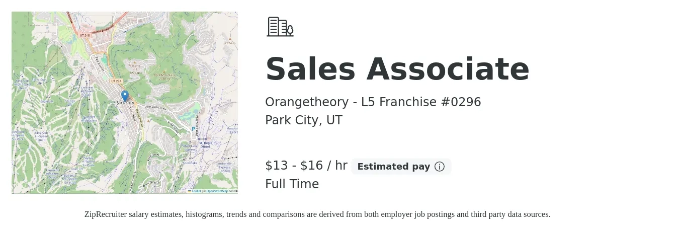 Orangetheory - L5 Franchise #0296 job posting for a Sales Associate in Park City, UT with a salary of $14 to $17 Hourly with a map of Park City location.
