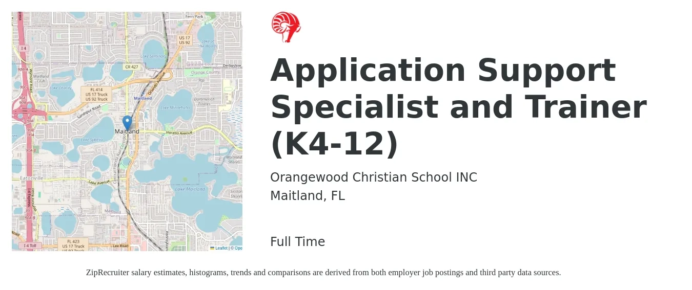 Orangewood Christian School INC job posting for a Application Support Specialist and Trainer (K4-12) in Maitland, FL with a salary of $16 to $17 Hourly with a map of Maitland location.