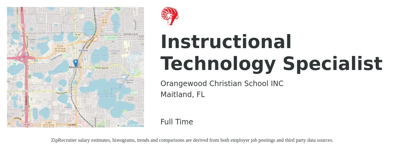 Orangewood Christian School INC job posting for a Instructional Technology Specialist in Maitland, FL with a salary of $41,300 to $58,100 Yearly with a map of Maitland location.