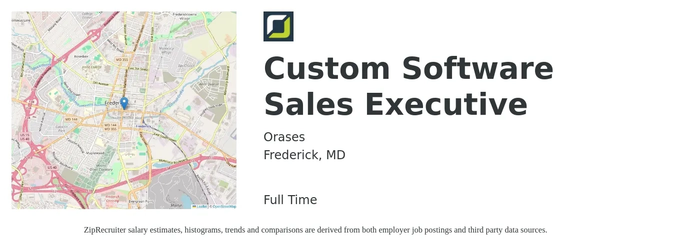 Orases job posting for a Custom Software Sales Executive in Frederick, MD with a salary of $50,200 to $74,600 Yearly with a map of Frederick location.