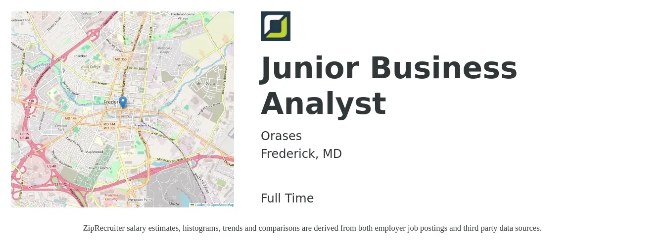 Orases job posting for a Junior Business Analyst in Frederick, MD with a salary of $26 to $35 Hourly with a map of Frederick location.