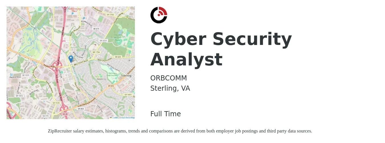 ORBCOMM job posting for a Cyber Security Analyst in Sterling, VA with a salary of $80,300 to $116,600 Yearly with a map of Sterling location.