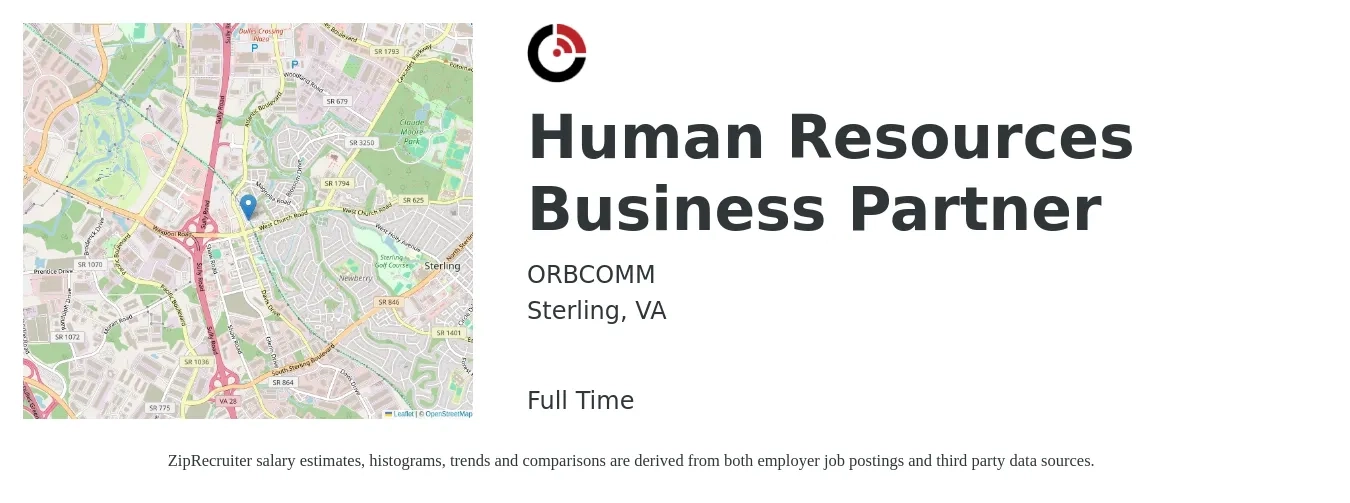 ORBCOMM job posting for a Human Resources Business Partner in Sterling, VA with a salary of $71,300 to $101,500 Yearly with a map of Sterling location.
