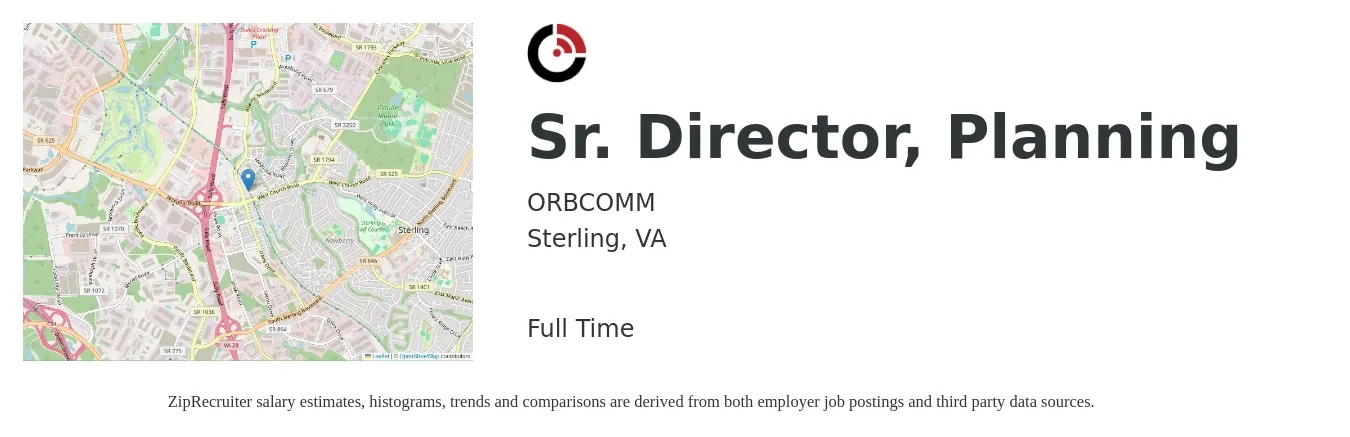 ORBCOMM job posting for a Sr. Director, Planning in Sterling, VA with a salary of $183,800 to $208,000 Yearly with a map of Sterling location.