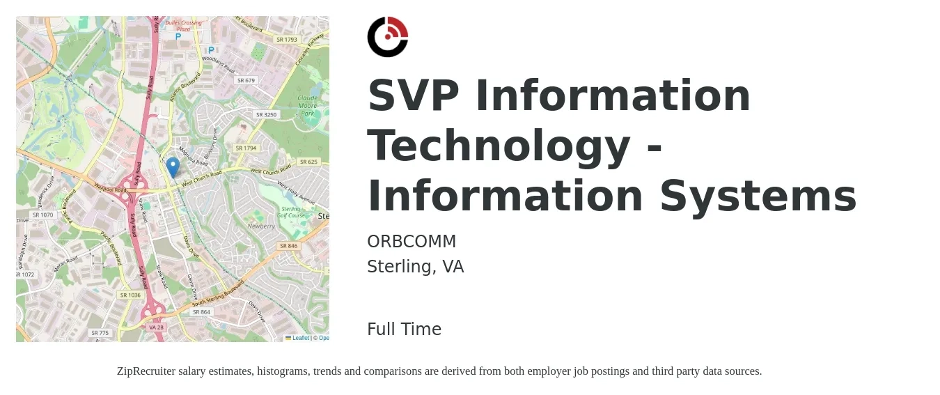 ORBCOMM job posting for a SVP Information Technology - Information Systems in Sterling, VA with a salary of $121,200 to $167,600 Yearly with a map of Sterling location.