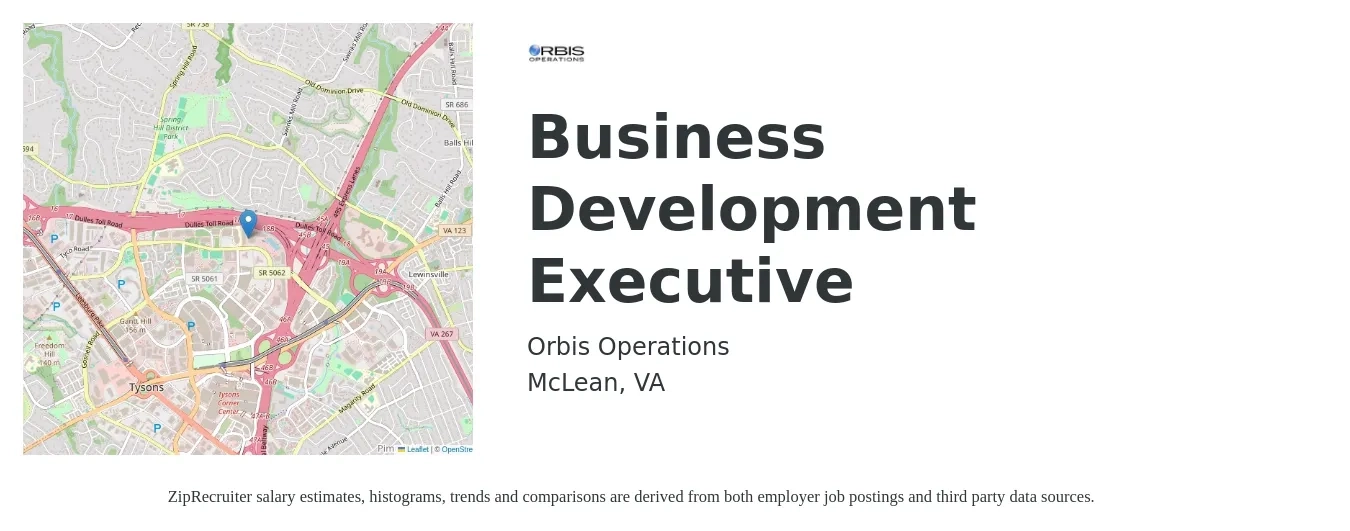 Orbis Operations job posting for a Business Development Executive in McLean, VA with a salary of $64,600 to $102,600 Yearly with a map of McLean location.