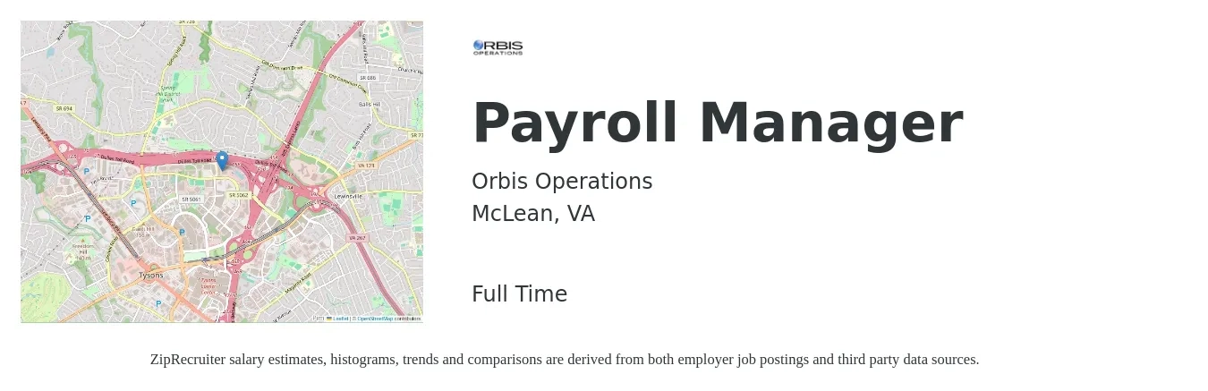 Orbis Operations job posting for a Payroll Manager in McLean, VA with a salary of $71,800 to $105,100 Yearly with a map of McLean location.