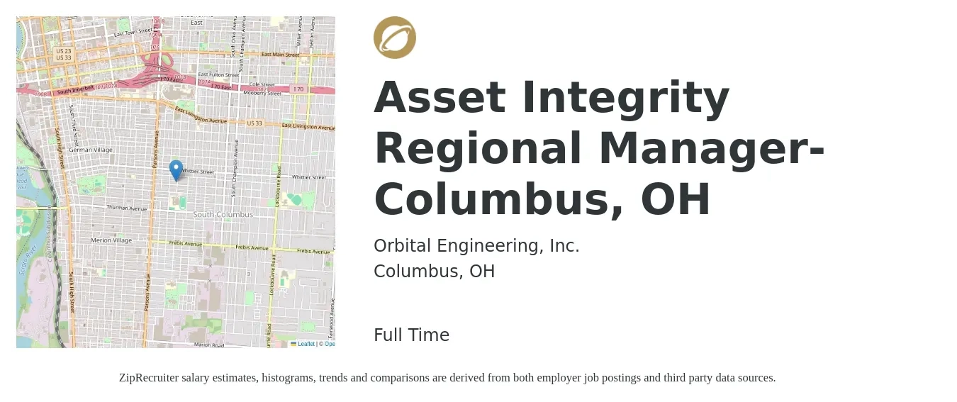 Orbital Engineering, Inc. job posting for a Asset Integrity Regional Manager- Columbus, OH in Columbus, OH with a salary of $72,000 to $105,300 Yearly with a map of Columbus location.