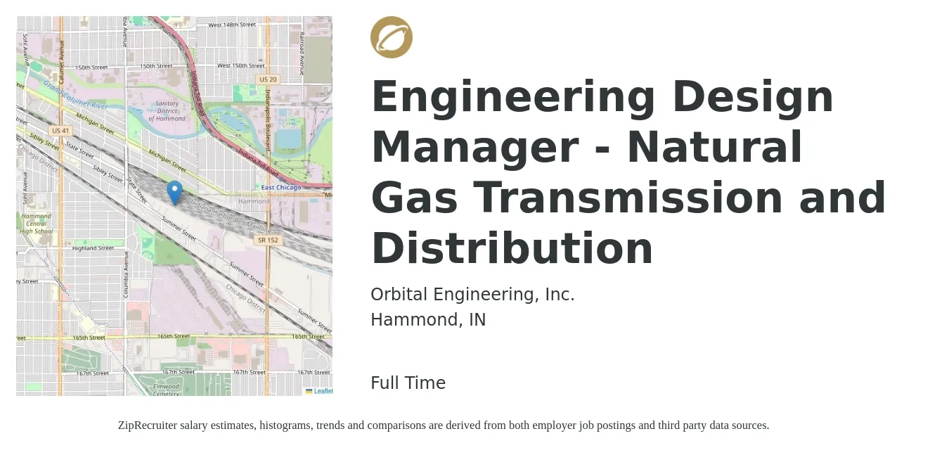 Orbital Engineering, Inc. job posting for a Engineering Design Manager - Natural Gas Transmission and Distribution in Hammond, IN with a salary of $112,200 to $166,600 Yearly with a map of Hammond location.