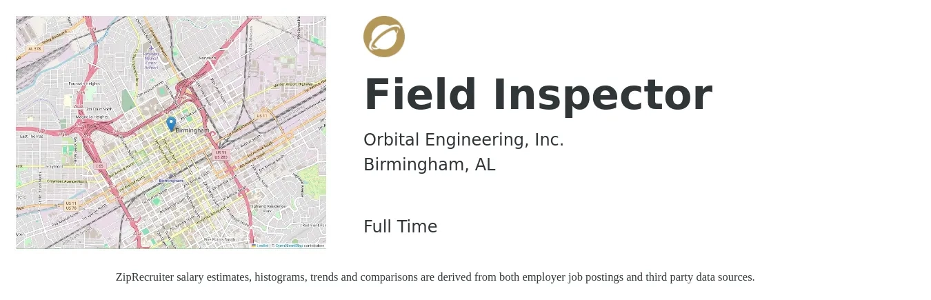 Orbital Engineering, Inc. job posting for a Field Inspector in Birmingham, AL with a salary of $19 to $28 Hourly with a map of Birmingham location.