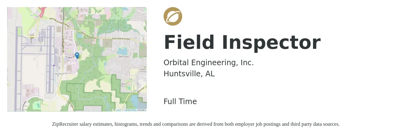 Orbital Engineering, Inc. job posting for a Field Inspector in Huntsville, AL with a salary of $20 to $30 Hourly with a map of Huntsville location.