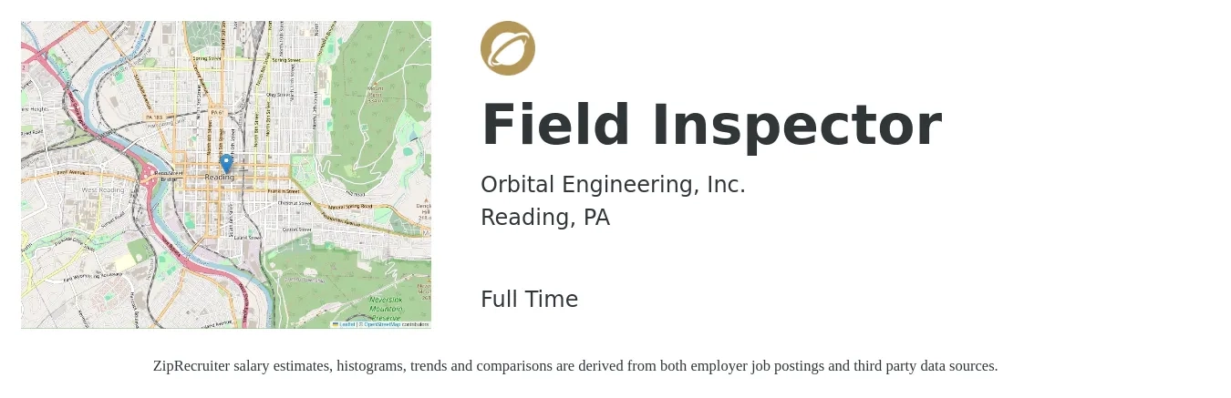 Orbital Engineering, Inc. job posting for a Field Inspector in Reading, PA with a salary of $19 to $29 Hourly with a map of Reading location.