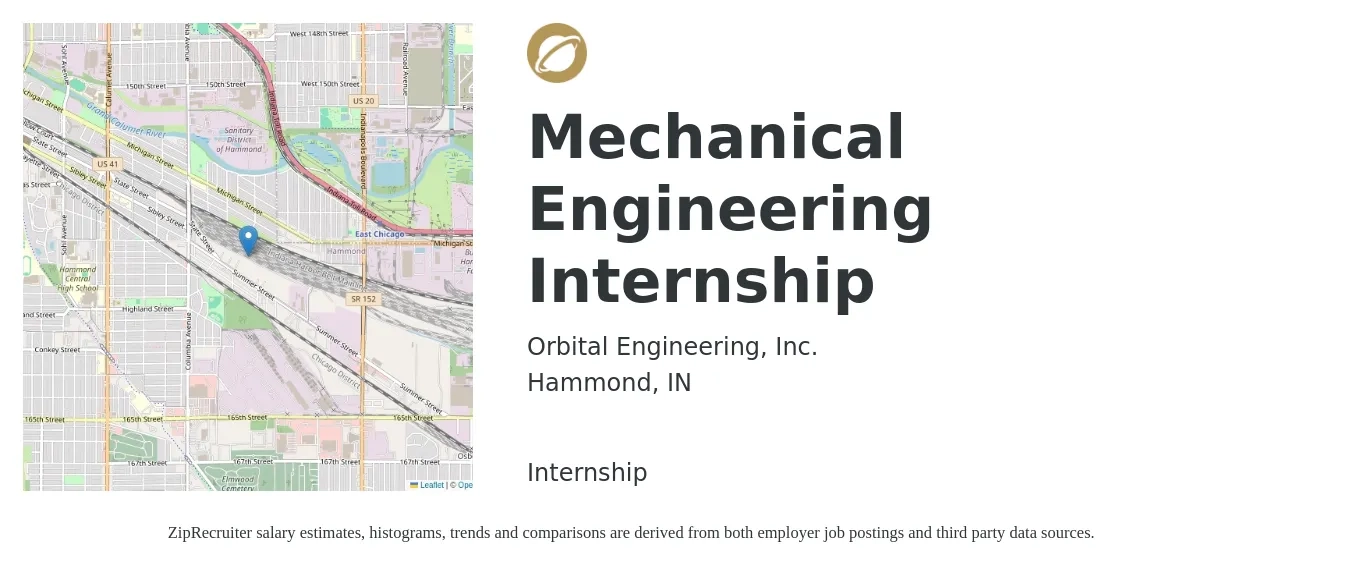 Orbital Engineering, Inc. job posting for a Mechanical Engineering Internship in Hammond, IN with a salary of $18 to $24 Hourly with a map of Hammond location.