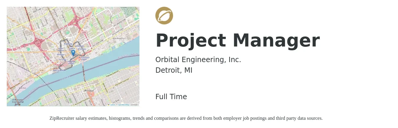 Orbital Engineering, Inc. job posting for a Project Manager in Detroit, MI with a salary of $77,700 to $121,800 Yearly with a map of Detroit location.