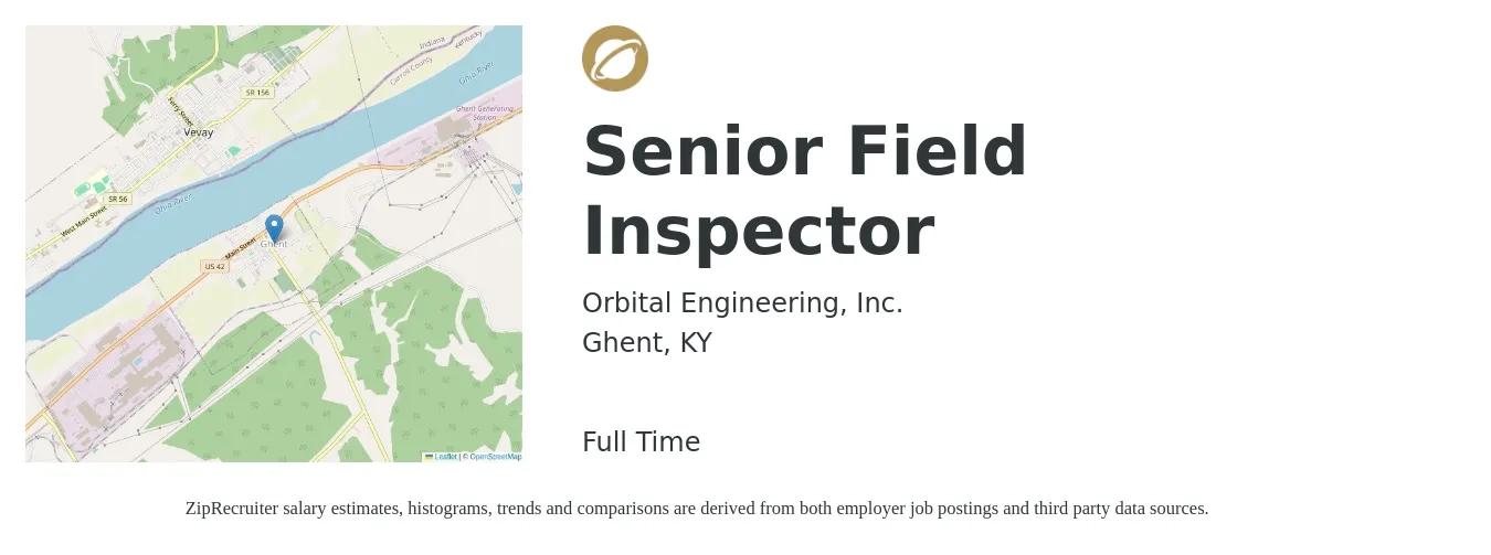 Orbital Engineering, Inc. job posting for a Senior Field Inspector in Ghent, KY with a salary of $18 to $27 Hourly with a map of Ghent location.