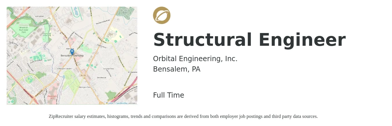Orbital Engineering, Inc. job posting for a Structural Engineer in Bensalem, PA with a salary of $76,300 to $107,700 Yearly with a map of Bensalem location.