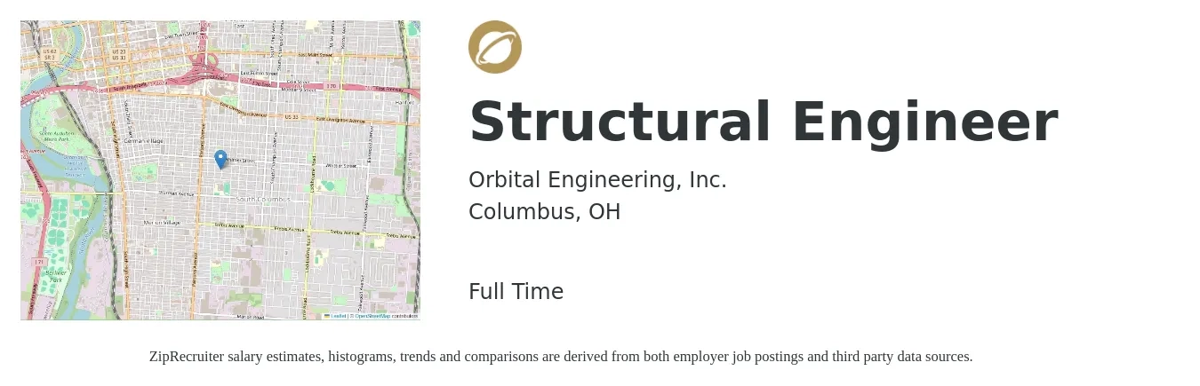 Orbital Engineering, Inc. job posting for a Structural Engineer in Columbus, OH with a salary of $77,300 to $109,100 Yearly with a map of Columbus location.