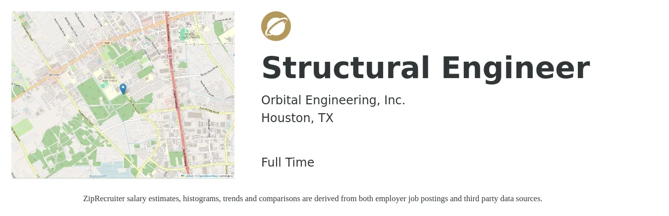 Orbital Engineering, Inc. job posting for a Structural Engineer in Houston, TX with a salary of $67,600 to $95,500 Yearly with a map of Houston location.