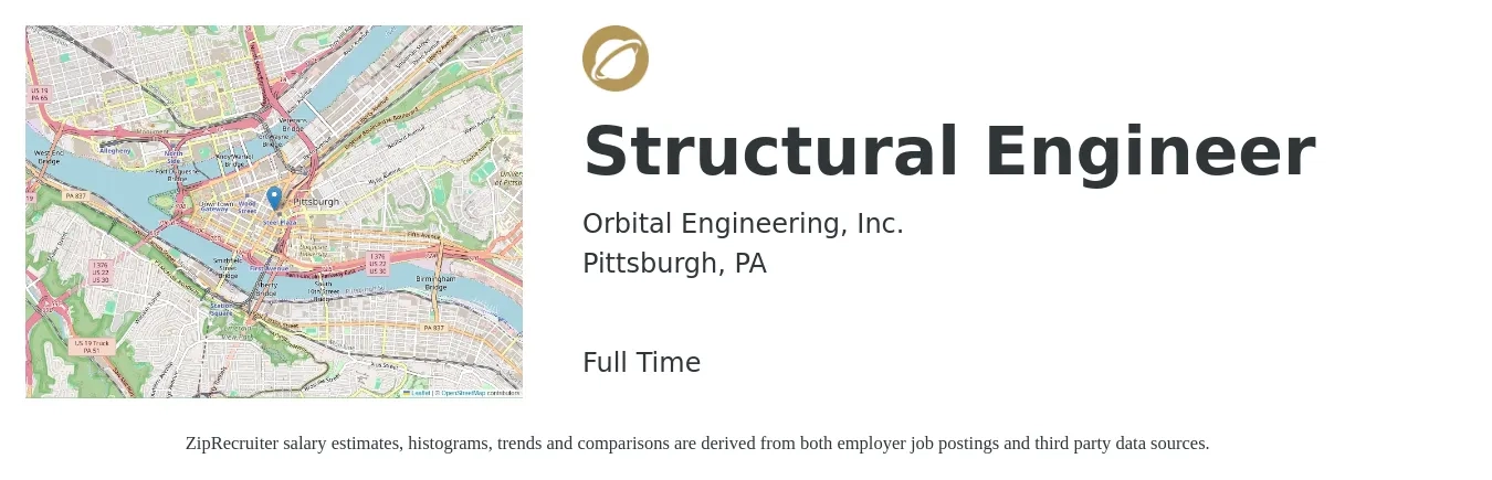Orbital Engineering, Inc. job posting for a Structural Engineer in Pittsburgh, PA with a salary of $77,700 to $109,700 Yearly with a map of Pittsburgh location.