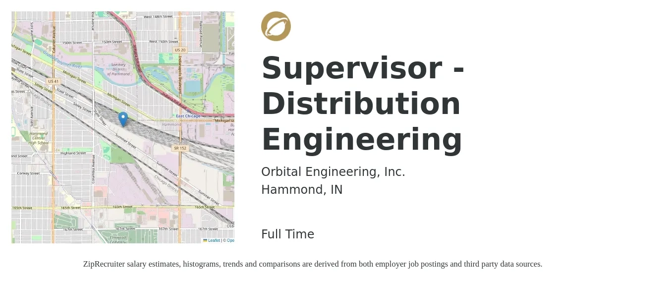 Orbital Engineering, Inc. job posting for a Supervisor - Distribution Engineering in Hammond, IN with a salary of $112,200 to $166,600 Yearly with a map of Hammond location.