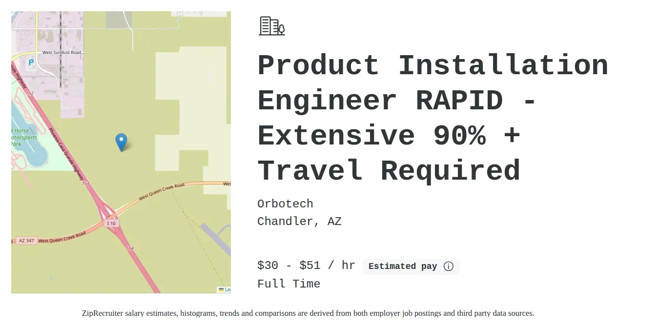 KLA Corporation job posting for a Product Installation Engineer RAPID - Extensive 90% + Travel Required in Chandler, AZ with a salary of $32 to $54 Hourly and benefits including Medical, Vision, Dental, PTO, Life, and Retirement with a map of Chandler location.