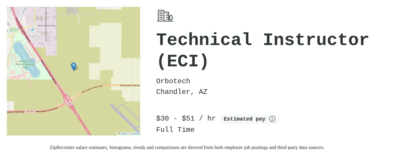 KLA Corporation job posting for a Technical Instructor (ECI) in Chandler, AZ with a salary of $32 to $54 Hourly and benefits including Medical, Vision, Dental, PTO, Life, and Retirement with a map of Chandler location.