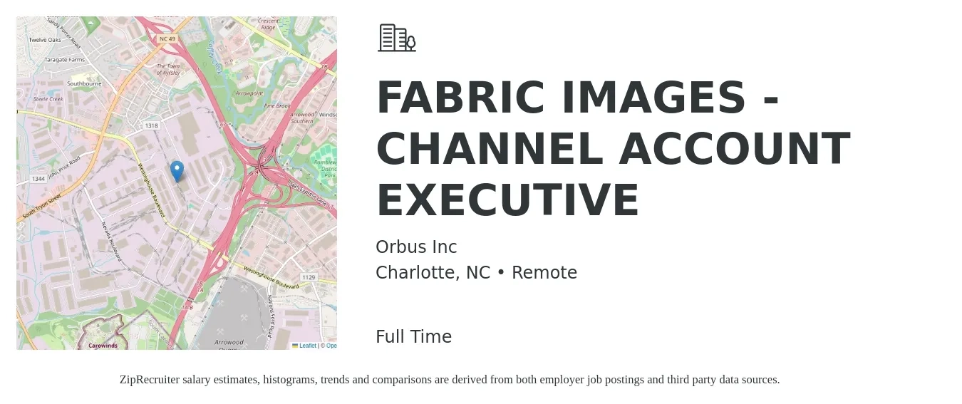 Orbus Inc job posting for a FABRIC IMAGES - CHANNEL ACCOUNT EXECUTIVE in Charlotte, NC with a salary of $65,600 to $83,400 Yearly with a map of Charlotte location.