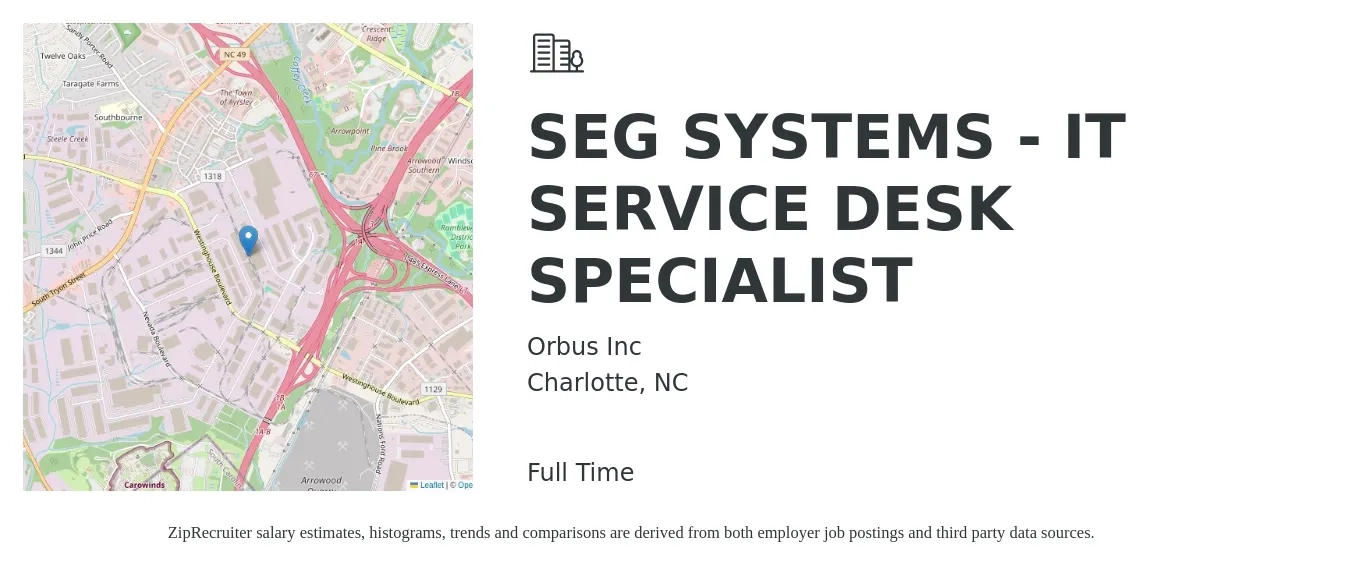 Orbus Inc job posting for a SEG SYSTEMS - IT SERVICE DESK SPECIALIST in Charlotte, NC with a salary of $20 to $28 Hourly with a map of Charlotte location.
