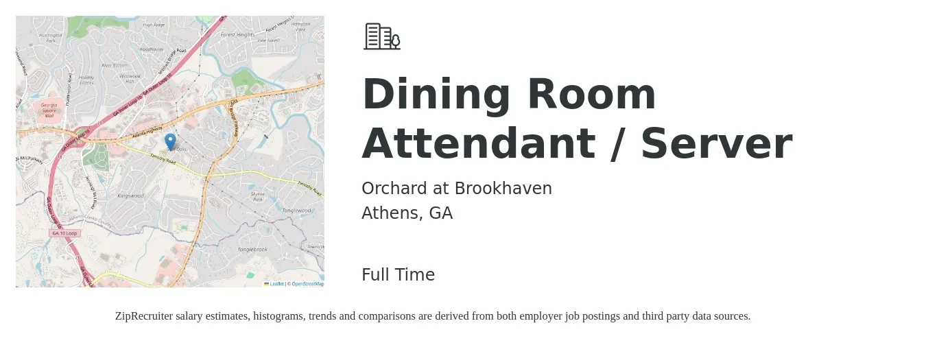 Orchard at Brookhaven job posting for a Dining Room Attendant / Server in Athens, GA with a salary of $12 to $16 Hourly with a map of Athens location.
