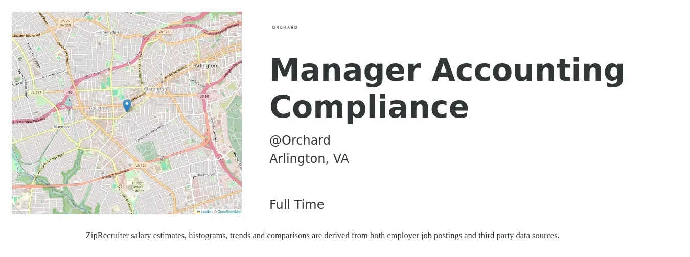 @Orchard job posting for a Manager Accounting Compliance in Arlington, VA with a salary of $89,100 to $128,000 Yearly with a map of Arlington location.