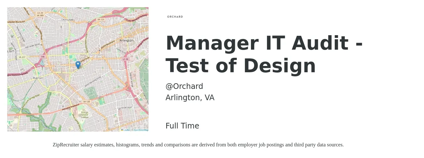 @Orchard job posting for a Manager IT Audit - Test of Design in Arlington, VA with a salary of $109,700 to $161,700 Yearly with a map of Arlington location.